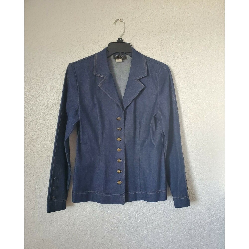 O.M.G. Collection Womens Blazer Jacket Size 8 Blue Denim yellow thread Used